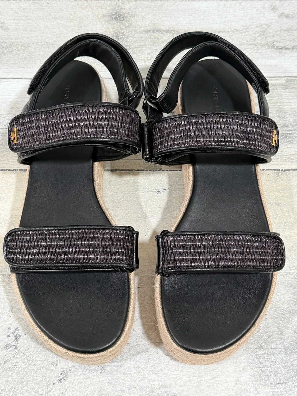 TORY BURCH Sport Platform Espadrille Sandals In Black Raffia Woven Leather Sz-9
